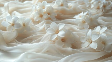 An elegant spread of white jasmine petals, accompanied by sheer white silk and delicate gold chains. 