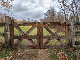 Rustic gate with weathered wood and metal hinges, set in a countryside landscape