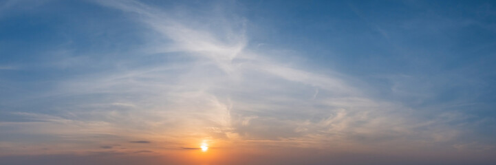 Dramatic panorama sky with cloud on sunrise and sunset time. Panoramic image.