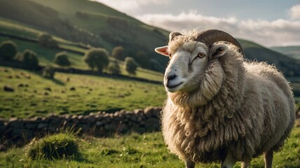 Obraz premium A majestically woolly sheep glistening in the soft sunlight, serene beauty amid the rolling hills, stands out against a backdrop of lush greenery