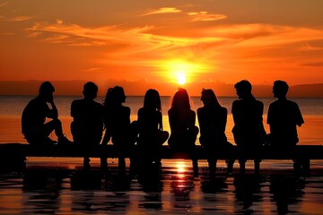 Silhouette of friends sitting on a pier at sunset, enjoying the serene beauty of the evening sky.