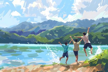Fototapeta premium Three children joyfully jump into a serene lake, surrounded by lush mountains and a clear blue sky.