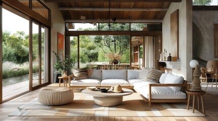 Fototapeta premium cozy modern farmhouse living room with minimal decor and natural textures interior design 3d visualization