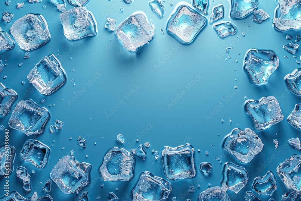 Poster a blue background with a frame of ice cubes. the ice cubes are scattered around the frame, creating 