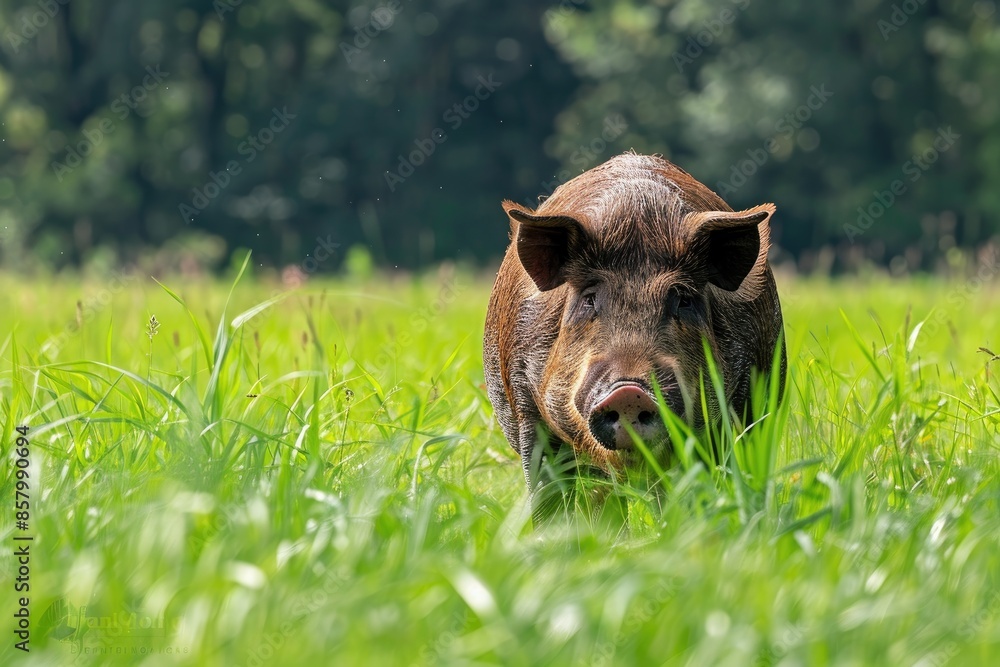 Poster a pig is walking through a field of grass. the pig is dirty and he is enjoying itself