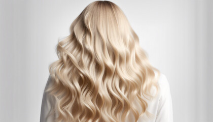 Naklejka premium long and wavy women's hair in blonde tones, back view, hair advertising shoot, isolated white background 