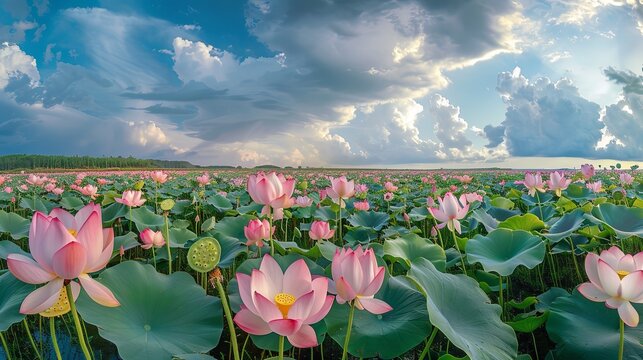 Breathtaking view of blooming lotus flower field stretching to horizon. Harmony and balance concept