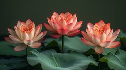 Aerial view of three beautiful lotus flowers in bud with green leaves. Captured in natural light