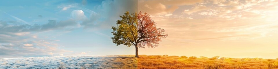 Fototapeta premium High-Resolution AI-Generated Comparative View of Seasonal Changes Between Summer and Winter, Highlighting Environmental Climate Variations and Aging Over Time. Conceptual Infographic Banner