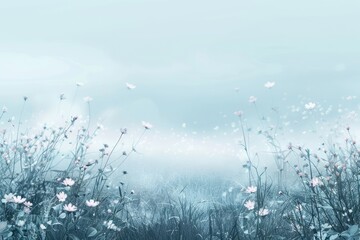 A field of flowers with a blue sky in the background. The flowers are white and scattered throughout the field
