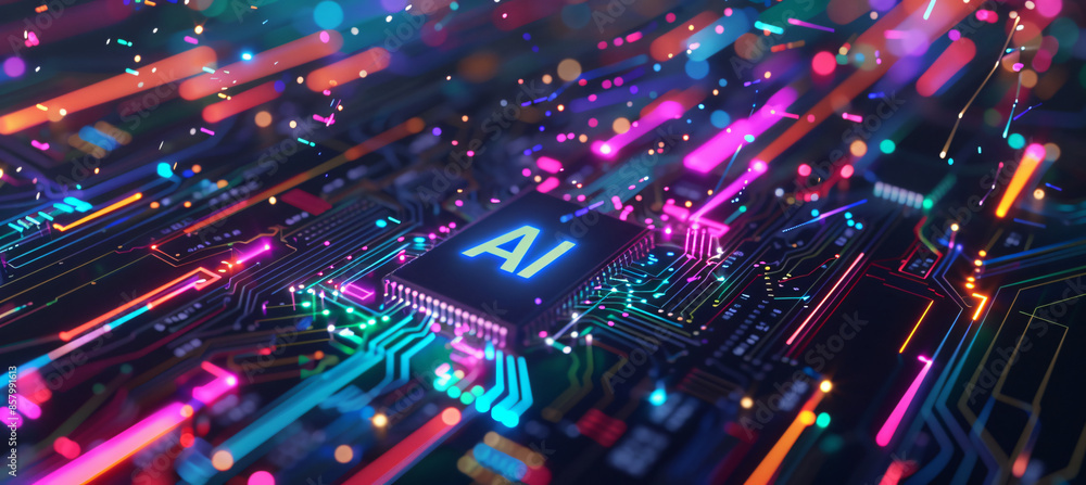 Poster 3d render of a chip with a glowing brain on a circuit board, with the text 