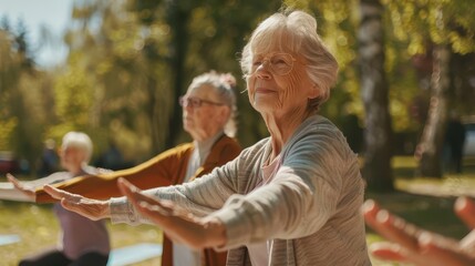 diverse group of active seniors enjoying outdoor yoga class in park maintaining flexibility and balance healthy aging lifestyle