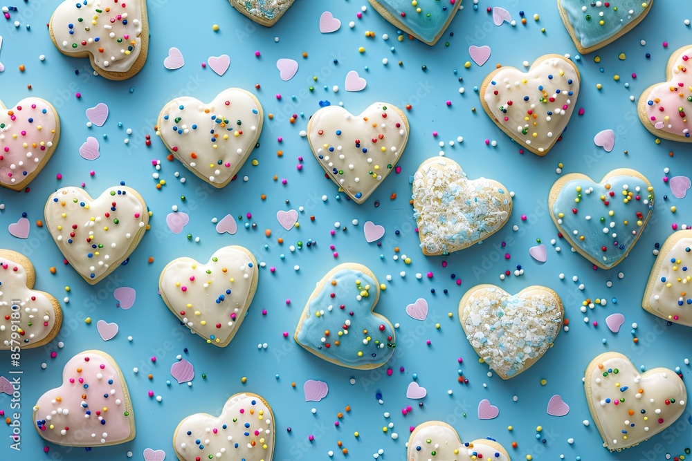 Poster a blue background with a bunch of cookies with sprinkles on them. the cookies are in the shape of he