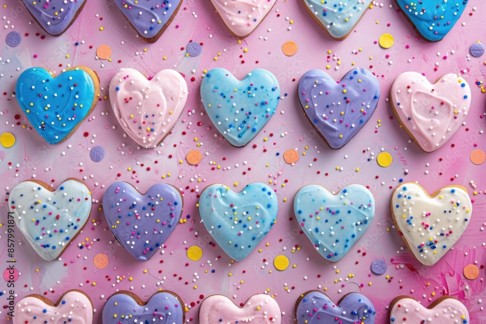 Poster a row of colorful heart-shaped cookies with sprinkles on top. the cookies are arranged in a row and 