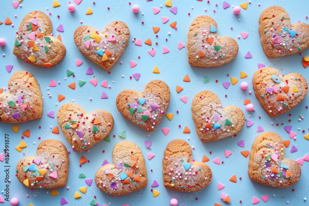 Poster a row of colorful heart-shaped cookies with sprinkles on top. the cookies are arranged in a row and 
