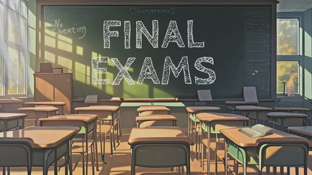 illustration of a classroom with a blackboard bearing the messages "FINAL EXAM" and "DON'T CHEATING". Seamless looping animation video with cartoon style.