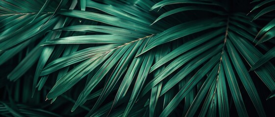 Close-up of lush, green palm leaves creating a tropical and serene atmosphere.