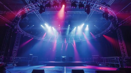 dynamic live music stage with circular lighting truss and rigging equipment concert venue setup low angle view
