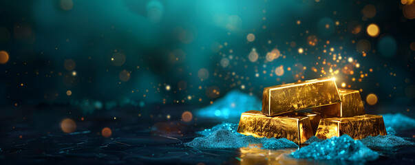 Golden bars on a shimmering blue background, creating a glowing and luxurious scene.