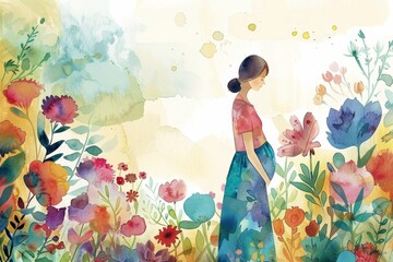 beauty of pregnancy watercolor illustration, mother to be growing belly, surrounded by delicate flowers, butterflies, and other symbols of new life and fertility, baby shower template