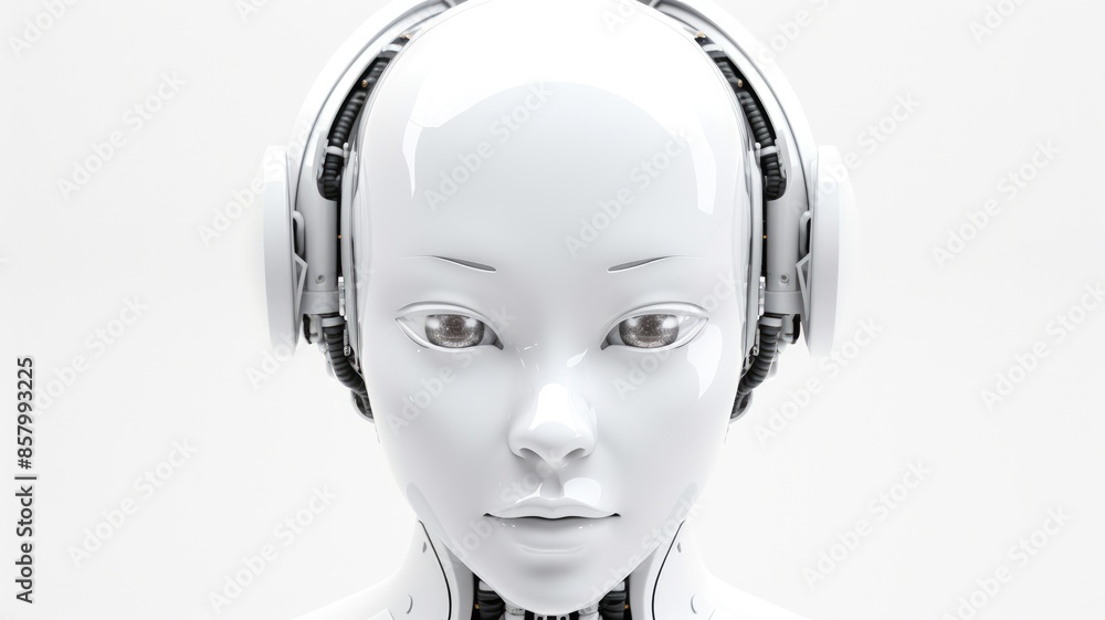 Poster smart android head close up with humanoid features. futuristic robot face concept with white sleek d