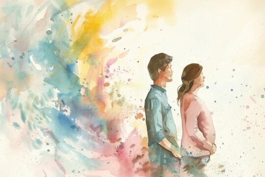 woman with her partner pregnant with their IVF baby watercolor illustration