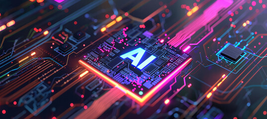 Obraz premium 3D render of a chip with a glowing brain on a circuit board, with the text 