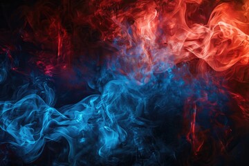Fototapeta premium The image is a colorful smokey background with blue and red flames. The smoke is thick and dense, creating a sense of depth and movement. The colors of the smoke and flames are vibrant and intense