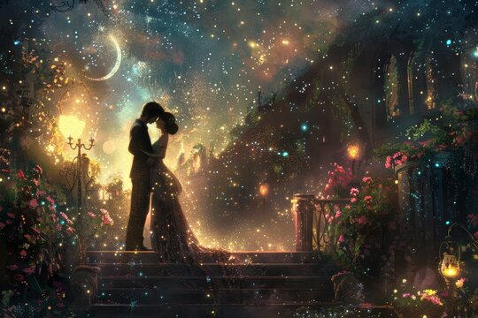 romantasy love - couple sharing a tender moment in a romantic fantasy setting, surrounded by twinkling stars, garden, moonlight, capturing the essence of timeless romance