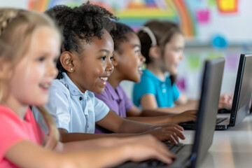 Diverse group of smiling children at computers in a classroom setting.
