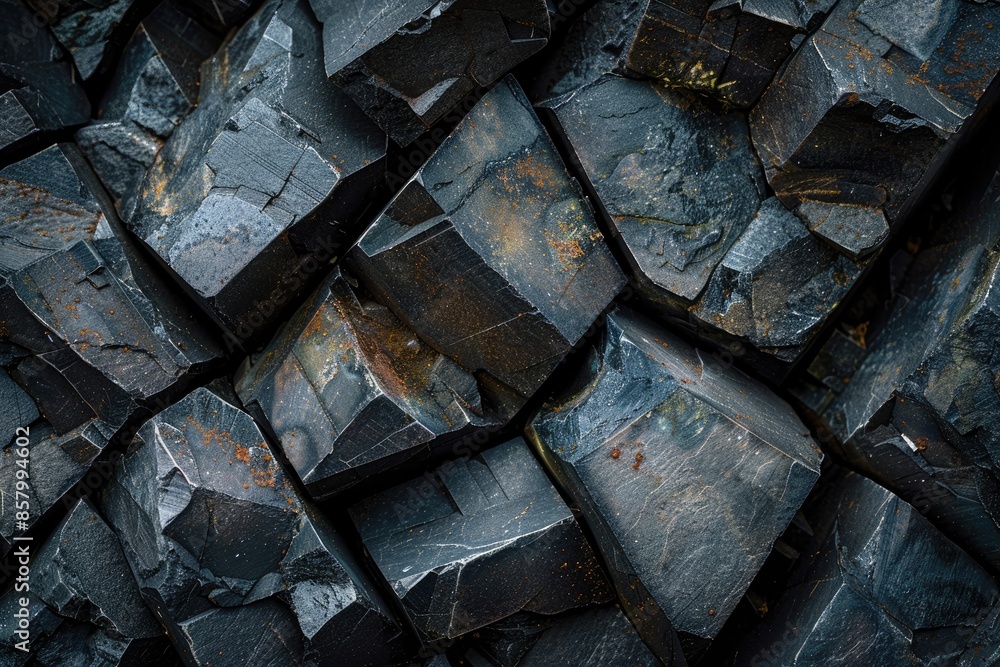 Poster the image is a close up of a pile of black rocks. the rocks are jagged and rough, with some appearin