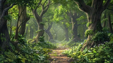 enchanting fairytale forest with towering trees and lush vegetation magical fantasy digital painting