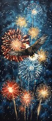 Naklejka premium An eagle soaring amidst vibrant fireworks in the night sky, embodying freedom and celebration.