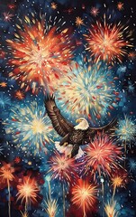 Majestic bald eagle soaring in a night sky filled with colorful fireworks, capturing celebration and freedom in vibrant hues.