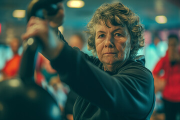 An older woman with determination in her eyes prepares for a workout among colorful kettlebells at the gym.