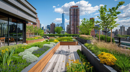 Fototapeta premium Modern Urban Rooftop Garden with Skyscraper Skyline View