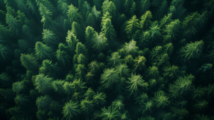 Aerial view of beautiful forest with conifer trees in morning