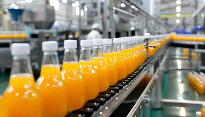 Fototapeta premium fruit juice bottling factory, bottle filling line