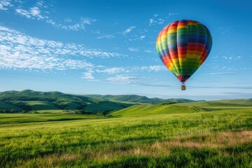Fototapeta premium Hot Air Balloon Floating Over Green Field