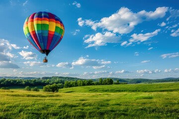 Naklejka premium Hot Air Balloon Floating Over Green Field