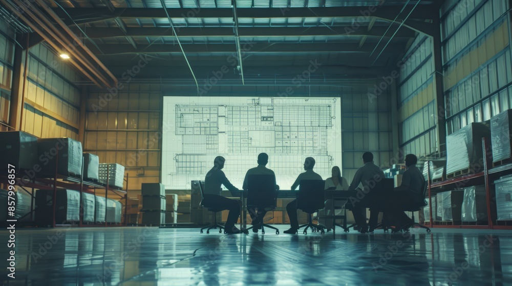 Poster group of professional warehouse worker working together while planning and looking at monitor. smart