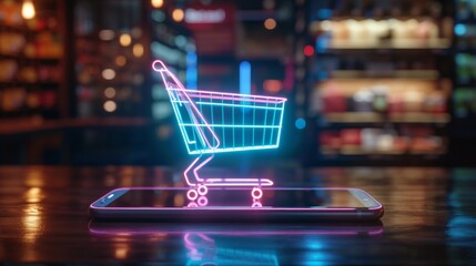 Neon Shopping Cart Hologram Over Smartphone