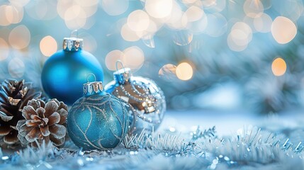 festive blue and silver christmas ornaments with pine cones on bokeh background holiday card