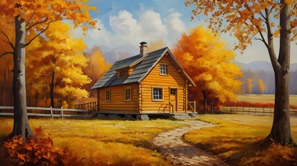 Fototapeta premium Small wooden house and autumn trees with orange yellow, artistic vision of beautiful autumn landscape, oil painting on canvas.