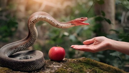 Fototapeta premium Bible Story: Genesis: First Sin: Woman Takes The Apple From The Snake. Eve Takes the Fruit in Garden of Eden.