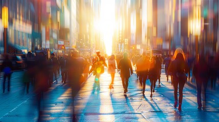 Pedestrians wandering through city streets during the golden hour, bathed in warm sunlight that...