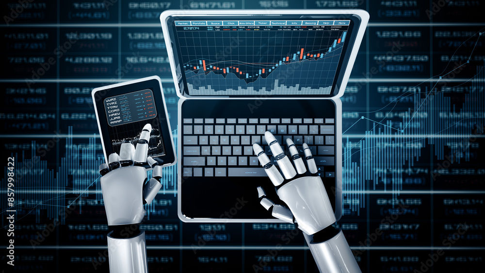 Poster mlp 3d illustration future financial technology controlled by ai robot using machine learning and ar