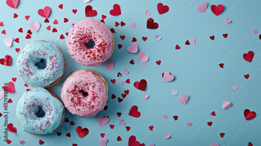 Poster a blue background with pink hearts and four donuts with pink frosting. the donuts are arranged in a 