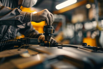 A mechanic in protective gloves pouring fresh motor oil into a car engine during routine maintenance in an auto repair shop.