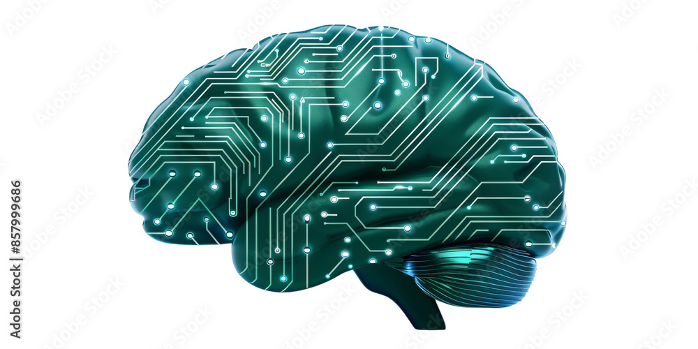 Poster digital illustration of a human brain with circuit patterns, representing artificial intelligence, t